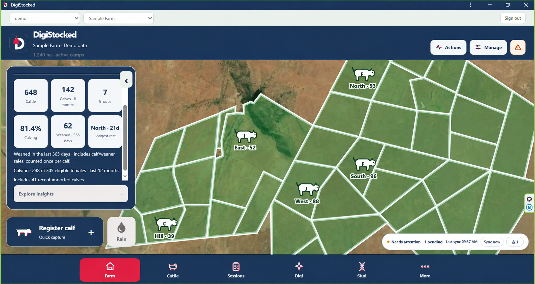 DigiStocked farm dashboard with anonymized sample farm names and data